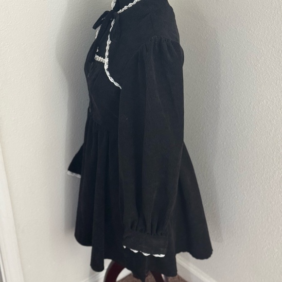 2 FOR $25 SHEIN Mod Corduroy Black Mini Dress Fit Flare Tie Neck Puff Sleeve M - Picture 5 of 9
